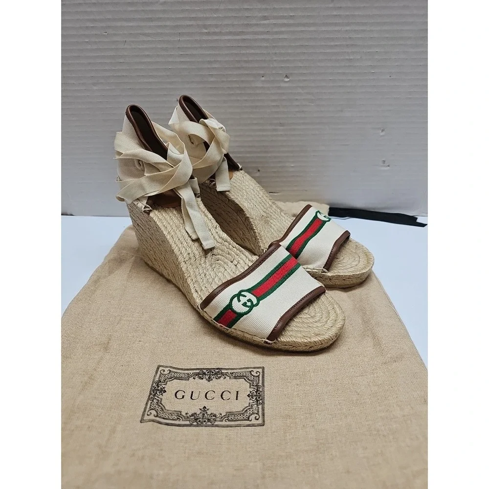 NEW Gucci Lilibeth Sylvie Platform Wedge Espadrille Sandals Shoe‎ 39.5